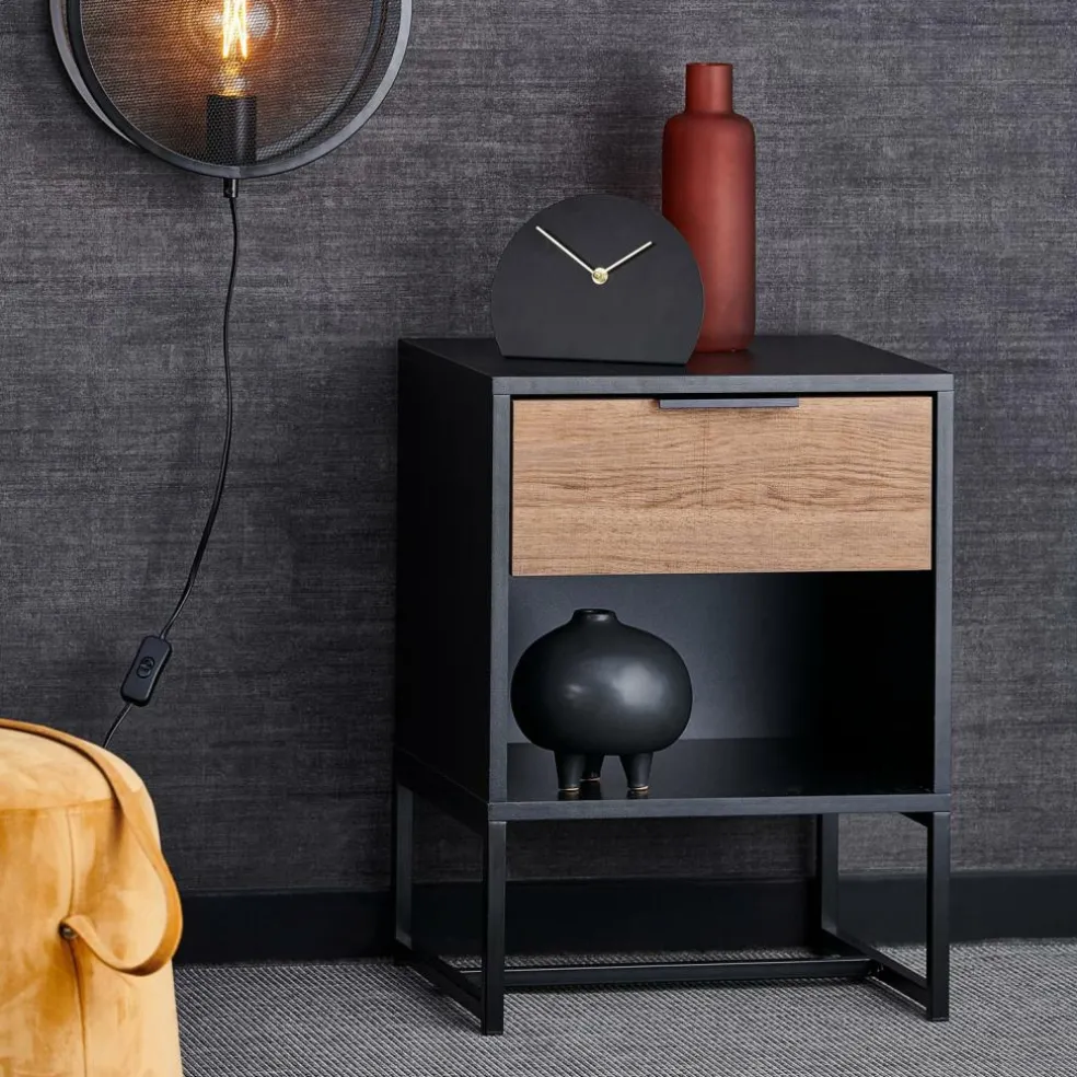 TRENTON Table De Chevet Noir, Naturel